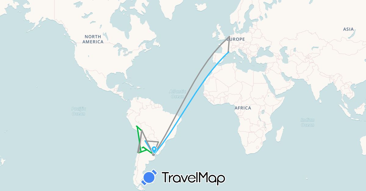 TravelMap itinerary: driving, bus, plane, boat in Argentina, Bolivia, Brazil, Chile, France, Netherlands, Uruguay (Europe, South America)